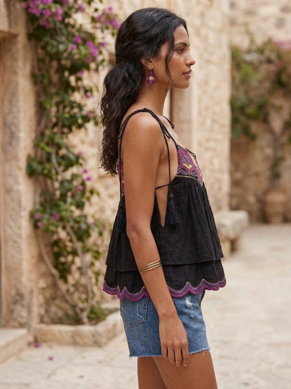 Free People Black Tiered Embroidered Tie-String Camisole - Picture 2 of 10